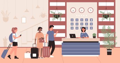 Illustration of people checking into a hotel.